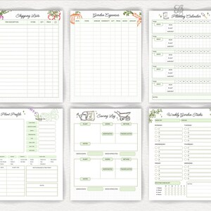 May include: A set of six printable garden planner pages. The pages include a shopping list, garden expenses tracker, planting calendar, plant profile, sowing log, and weekly garden tasks. Each page has a green and white design with botanical illustrations.