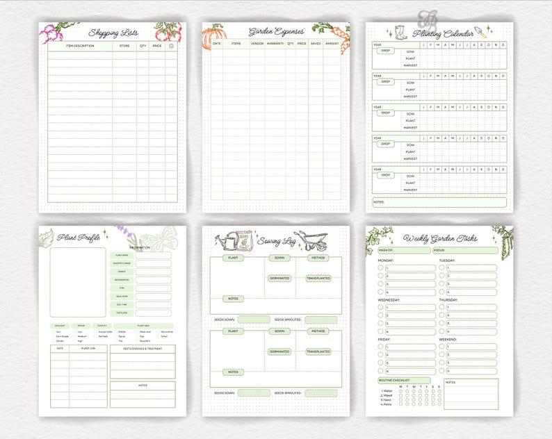 May include: A set of six printable garden planner pages. The pages include a shopping list, garden expenses tracker, planting calendar, plant profile, sowing log, and weekly garden tasks. Each page has a green and white design with botanical illustrations.