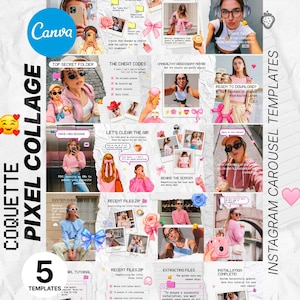 Op de afbeelding: Een digitale collage sjabloon voor Instagram, met een Canva logo en de tekst "Coquette Pixel Collage" en "Instagram Carousel Templates". Het ontwerp bevat roze en blauwe accenten, met afbeeldingen en tekstvakken. De collage heeft 5 sjablonen.