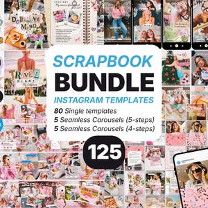 May include: A digital scrapbook bundle for Instagram with 80 single templates and 10 seamless carousel templates. The design includes pink and white elements, with the text "SCRAPBOOK BUNDLE" and "INSTAGRAM TEMPLATES". The bundle includes 125 templates.