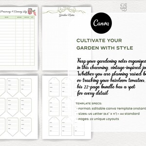 May include: A digital Canva template bundle with gardening-themed printable pages. Includes a preserving and canning log, garden notes, and plant tags. The text reads "Cultivate Your Garden With Style" and "Keep your gardening notes organized in this charming, vintage-inspired journal."