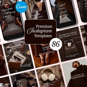 May include: A collection of Instagram templates with a brown and white color scheme. The templates feature various designs with text overlays, including phrases like "Premium Instagram Templates" and "86".