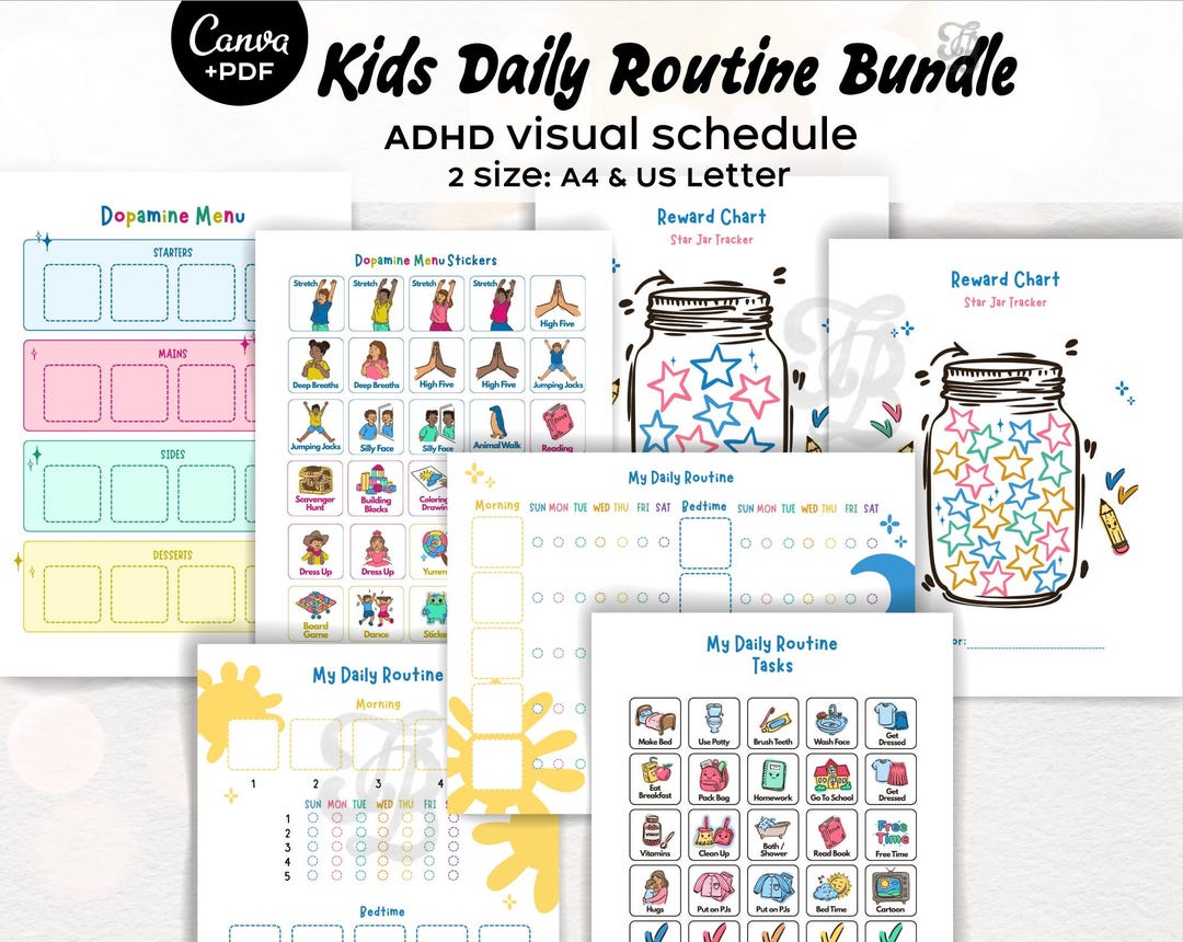 Kids Daily Routine Chart & Dopamine Menu Bundle, ADHD Visual Schedule ...