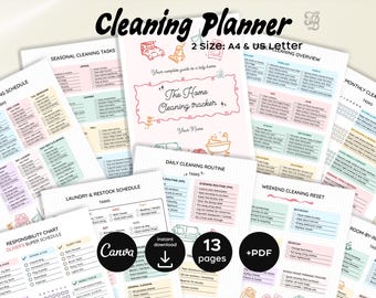 Op de afbeelding: Een verzameling afdrukbare schoonmaakplannerpagina's in pastelkleuren. De pagina's bevatten seizoensgebonden, maandelijkse en dagelijkse schoonmaakroutines, een wasschema en een verantwoordelijkheidstabel. De planner is verkrijgbaar in A4- en US Letter-formaten.