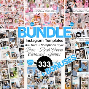 May include: A digital bundle of 333 Instagram templates for Canva, featuring scrapbook and iOS core styles. The collection includes various layouts for posts, reels covers, carousels, and stories, showcasing pink aesthetic designs and diverse photographic content.