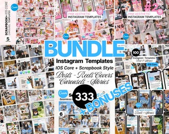 Instagram Templates Bundle IOS Core Scrapbook Coach Influencer Lifestyle Post Carousel Reels Stories Canva Viral Content Pink Blue