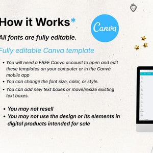May include: A digital graphic with the text "How it Works" and "Fully editable Canva template." The image includes a Canva logo, bullet points explaining the template's features, and a computer monitor. Gold star icons are also present.