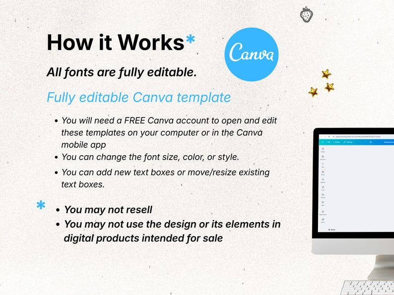 May include: A digital graphic with the text "How it Works" and "Fully editable Canva template." The image includes a Canva logo, bullet points explaining the template's features, and a computer monitor. Gold star icons are also present.