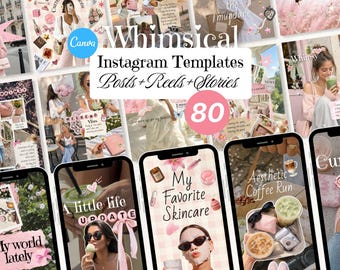 Whimsical Girly Instagram Templates Bundle, 80 Canva Social Media Posts Stories Reels Covers, Viral Scrapbook Content Kit