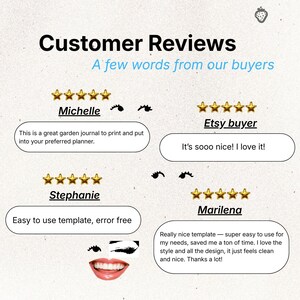 May include: Image of customer reviews with text: "Customer Reviews, A few words from our buyers." Reviews from Michelle, Etsy buyer, Stephanie, and Marilena are displayed with star ratings and quotes about the product.