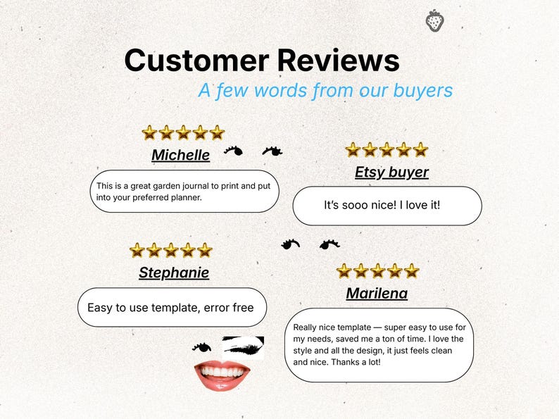 May include: Image of customer reviews with text: "Customer Reviews, A few words from our buyers." Reviews from Michelle, Etsy buyer, Stephanie, and Marilena are displayed with star ratings and quotes about the product.