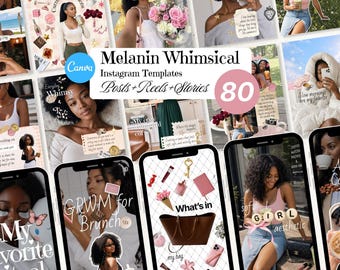 Melanin Whimsical Girly Instagram Templates Bundle, 80 Canva Social Media Posts Stories Reels Covers, Viral Scrapbook Content Kit