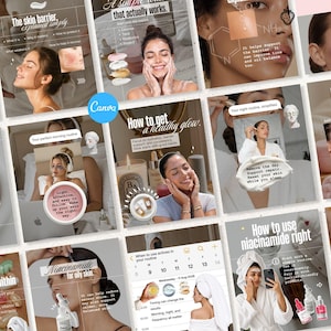 Esthetische huidverzorging Instagram-sjablonen Canva, social media posts voor schoonheidsspecialisten, marketing carrousel voor medische spa's, neutrale beauty influencer IG