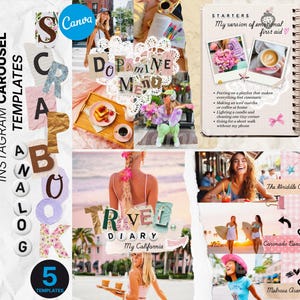 May include: A collage of Instagram carousel templates with a scrapbook aesthetic. The design includes the text "INSTAGRAM CAROUSEL TEMPLATES" and "SCRAPBOOK ANALOG" with the Canva logo. Images include travel, food, and lifestyle themes.