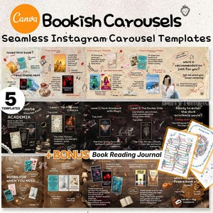 Puede incluir: Un conjunto digital de Canva Bookish Carousels con plantillas de carrusel de Instagram sin costuras. El diseño incluye recomendaciones de libros, listas de lectura y un diario de lectura adicional con varios diseños de texto y portadas.