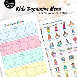 May include: A printable "Kids Dopamine Menu" with colorful sections for starters, mains, sides, and desserts. Includes a sheet of stickers with activities like "Stretch," "High Five," and "Play Dough." The text "Canva + PDF" is in the upper left corner.