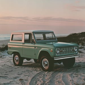 May include: A vintage light green Ford Bronco SUV with a white roof, chrome front bumper, and round headlights. The vehicle features a boxy body design, black tires with chrome hubcaps, and is positioned on a sandy beach with visible tire tracks.
