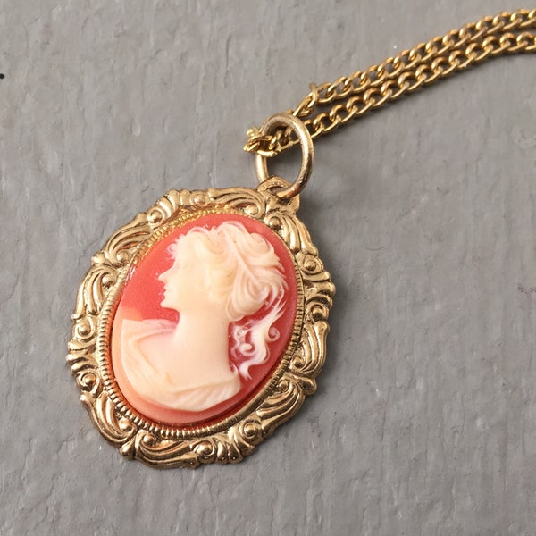 1960s Vintage Cream and Coral Cameo Lady Silhouette Pendant on Gold Toned Chain