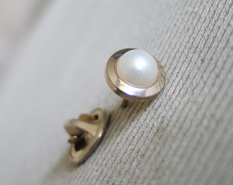 Vintage 1960s Menswear Tie Tack Tac Pin Faux Pearl with Gold Rim