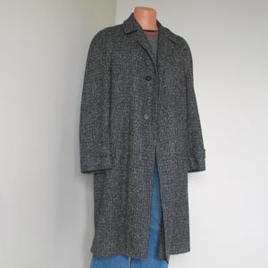 Vintage 1950s Black and Gray Tweed Wool Winter Overcoat Coat Mens L XL VFG