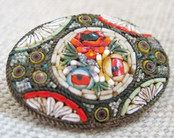 Vintage Antique Victorian Italian Glass Flower Mosaic Brooch