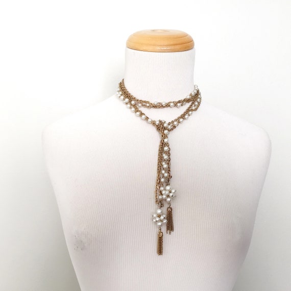 Vintage 1980s Gold Toned Triple Chain Faux Pearl … - image 1