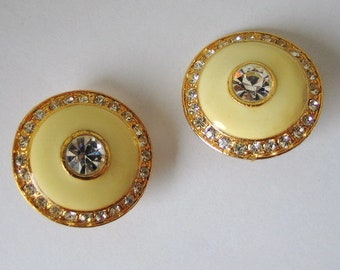 Vintage 1980s Shimmering Rhinestone Pastel Yellow Enamel Clip On Earrings