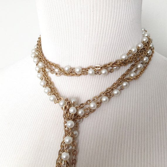 Vintage 1980s Gold Toned Triple Chain Faux Pearl … - image 8