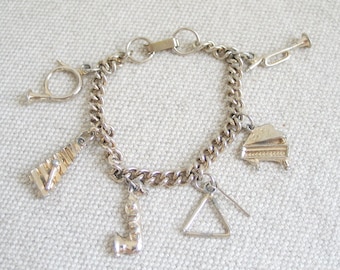 Vintage 1960s Musical Instrument Charm Bracelet Chain