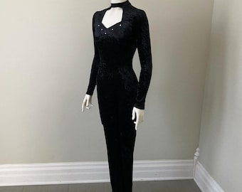 1990s Vintage Black Crushed Velour Knit Bodysuit Catsuit Dance Costume Alpha Factor XS S M