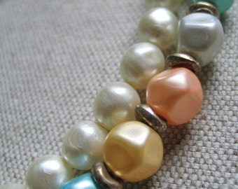 Vintage 1970s Pastels N Pearls Beaded Necklace Long