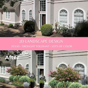 May include: A split-view image showing a before and after of a house exterior. The top shows a beige two-story home with green shrubs. The bottom shows the same home with added pink flowering trees, green bushes, and silver agave plants.