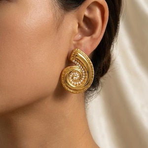 Spiral Pearl Earrings | Elegant Nautilus Shell Statement Studs | Vintage Swirl Chunky Jewelry | Gift for Her