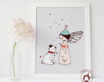 Moment Magique - Poster - Angel Girl and Bear - Nursery Decor Wall art- baby print - pink and grey whimsical magical baby girl illustration