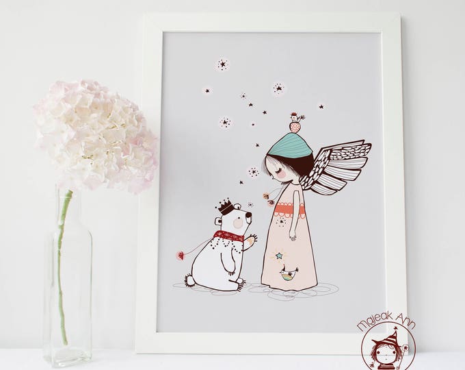 Poster pink and grey whimsical magical baby girl illustration Nursery Decor Wall art- baby print Moment Magique Angel Girl and Bear