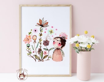 Mes Fleurs - Poster Nursery Decor - Baby Girl Decor - Girl and Flowers - Nature Print- Whimsical, First Birthday, Baby Shower
