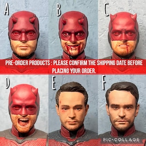 Peut inclure: Six têtes de figurine interchangeables étiquetées de A à F. Les têtes A, B, C et D portent un masque rouge de Daredevil avec des cornes. La tête B montre du sang, la tête C une grimace avec du sang, et la tête D une bouche ouverte. E et F sont sans masque.