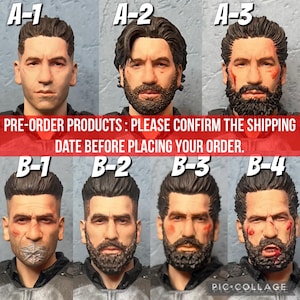 Könnte beinhalten: Eine Sammlung von sieben detaillierten Actionfiguren-Köpfen mit verschiedenen Frisuren, Bartstilen und Gesichtsausdrücken. Einige Köpfe zeigen Kampfspuren mit roten Flecken oder einer silbernen Mundbedeckung, beschriftet von A-1 bis A-3 und B-1 bis B-4.