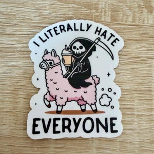 Puede incluir: Adhesivo con una ilustración de la Muerte montada en una llama rosa, sosteniendo una bebida. El texto "I LITERALLY HATE EVERYONE" está en negro sobre un fondo blanco.