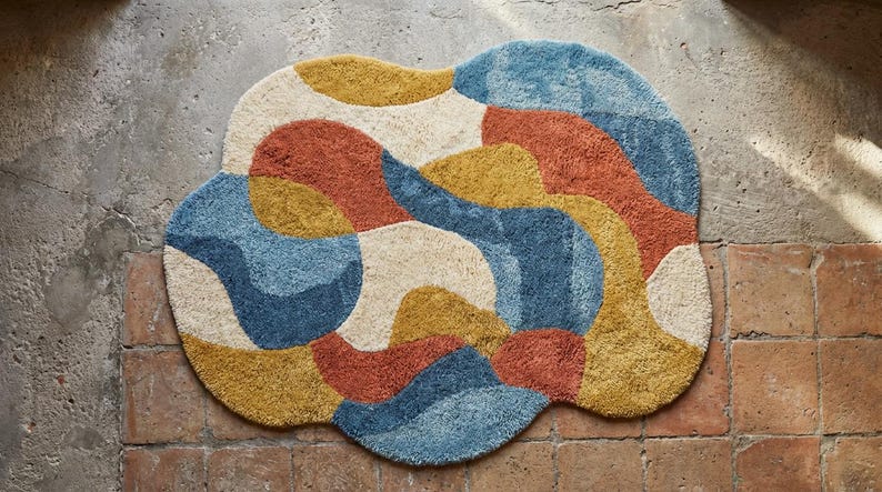 May include: A colorful, abstract rug with a cloud-like shape. The rug features a mix of colors, including blue, orange, yellow, and cream. The rug is made of a soft, textured material and is placed on a brick and concrete surface.