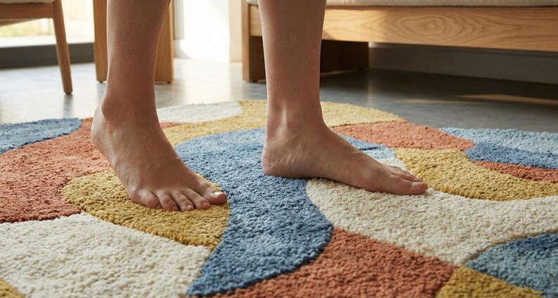 May include: A colorful, patterned rug with a geometric design in shades of blue, orange, yellow, and white. The rug has a soft, textured appearance. Bare feet are standing on the rug.