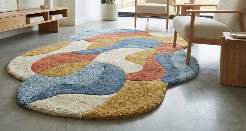 May include: A colorful, abstract area rug with a soft, textured surface. The rug features a flowing design with sections of blue, orange, yellow, and cream colors. The rug is an oval shape and appears to be made of a plush material.