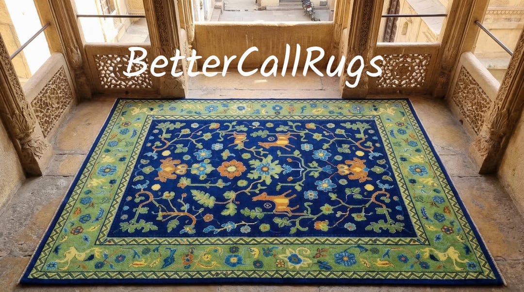 Deep Blue and Green Floral Rug | Vintage Style Animal Motif Area Rug ...