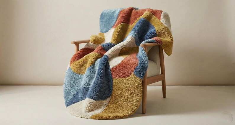 May include: A colorful, patterned throw blanket draped over a wooden chair. The blanket features large, irregular shapes in shades of blue, orange, yellow, and cream. The chair has a light wood frame and a white seat.