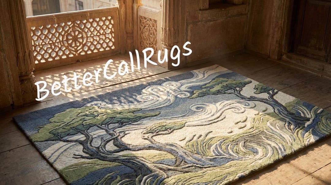 Landscape Rug Tuft Hand Tufted Wool Rug, Japanese Bonsai Tree Landscape, Sage Green & Blue ...