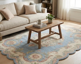 Luxury French Floral Rug, Rococo Scalloped Area Carpet, Romantic Cottagecore Rug, Vintage European Home Decor, 8x9, 9x9, 9x12, 12x15 ft