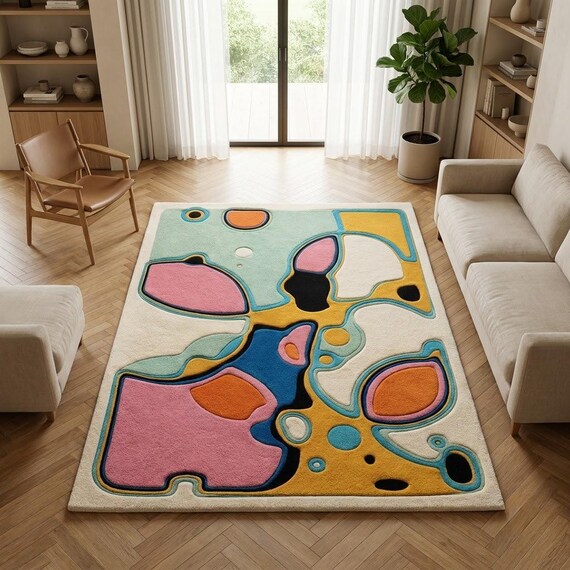 Abstract Tufted Area Rug, Colorful Modern Carpet, Handmade Contemporary Rug, Pink Blue Geometric Floor Decor, Artistic Rug, 8x9, 9x9 ft