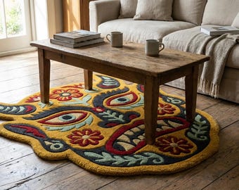 Tufted Rug Devil Face Rug Folk Art Rug Boho Statement Rug Handmade Shaped Rug Unique Artistic Home Decor Maximalist Rug
