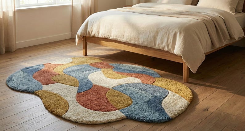 May include: A colorful, abstract rug with a wavy design in shades of blue, orange, yellow, and cream. The rug is placed on a wooden floor near a bed with a light-colored comforter. The rug's dimensions are approximately 60 inches in diameter.