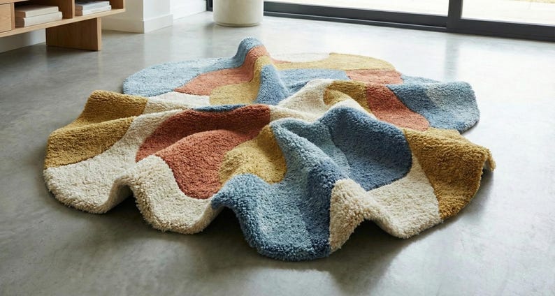 May include: A colorful, abstract rug with a wavy, irregular shape. The rug features patches of blue, peach, yellow, and cream colors. The rug is made of a soft, textured material and is placed on a gray floor.